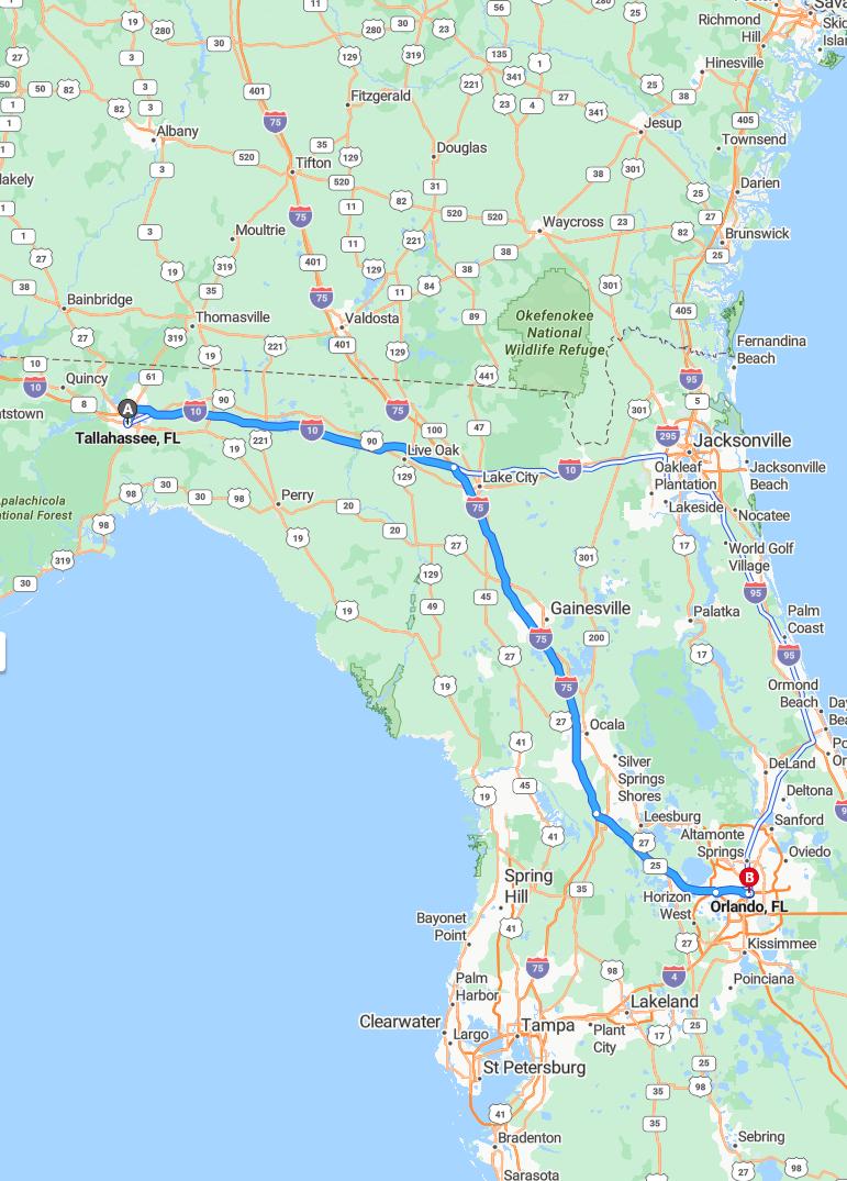 driving from Tallahassee, Florida to OrlandoFlorida - map and route