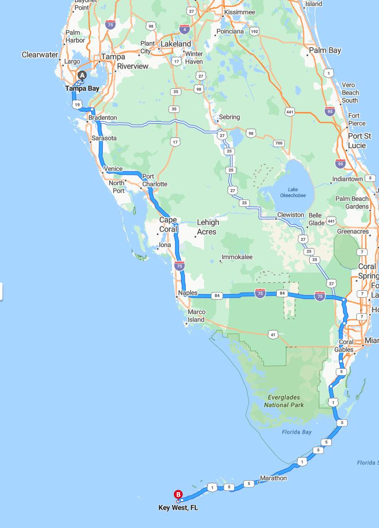 driving from Tampa Bay, Florida to Key WestFlorida - map and route