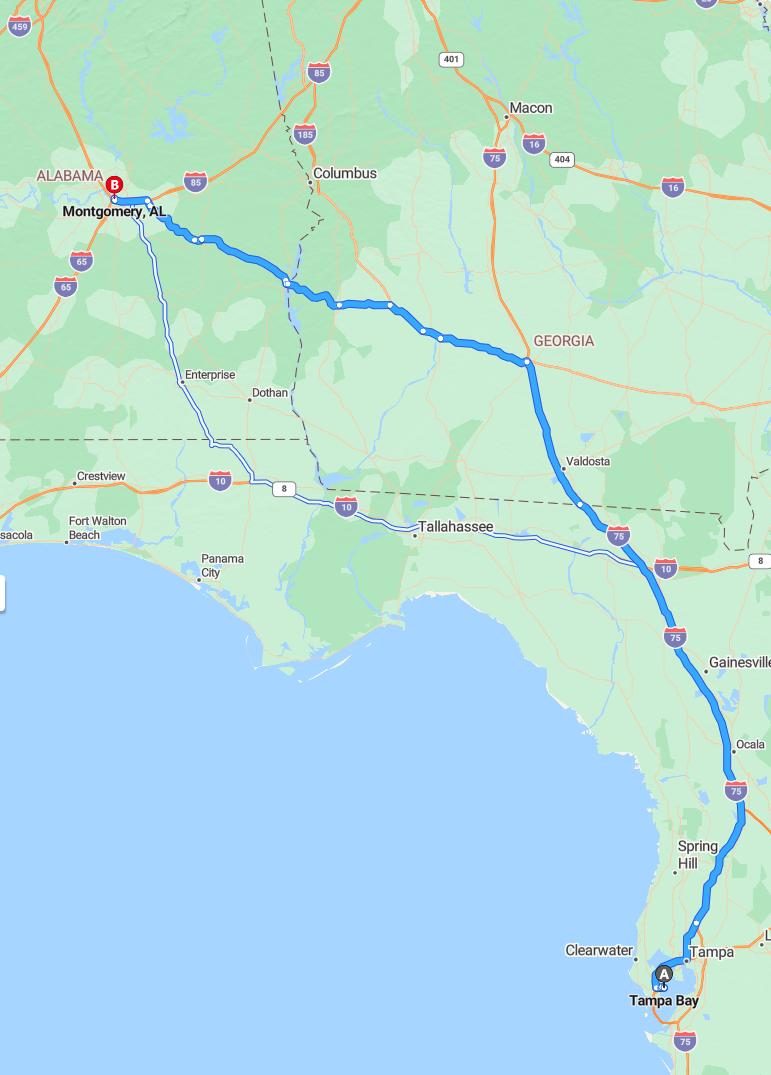 driving from Tampa Bay, Florida to MontgomeryAlabama - map and route