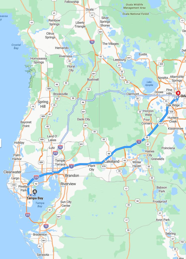 driving from Tampa Bay, Florida to OrlandoFlorida - map and route