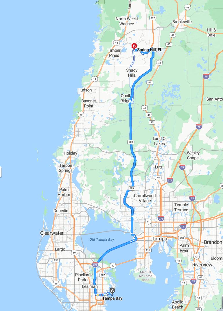 driving from Tampa Bay, Florida to Spring HillFlorida - map and route