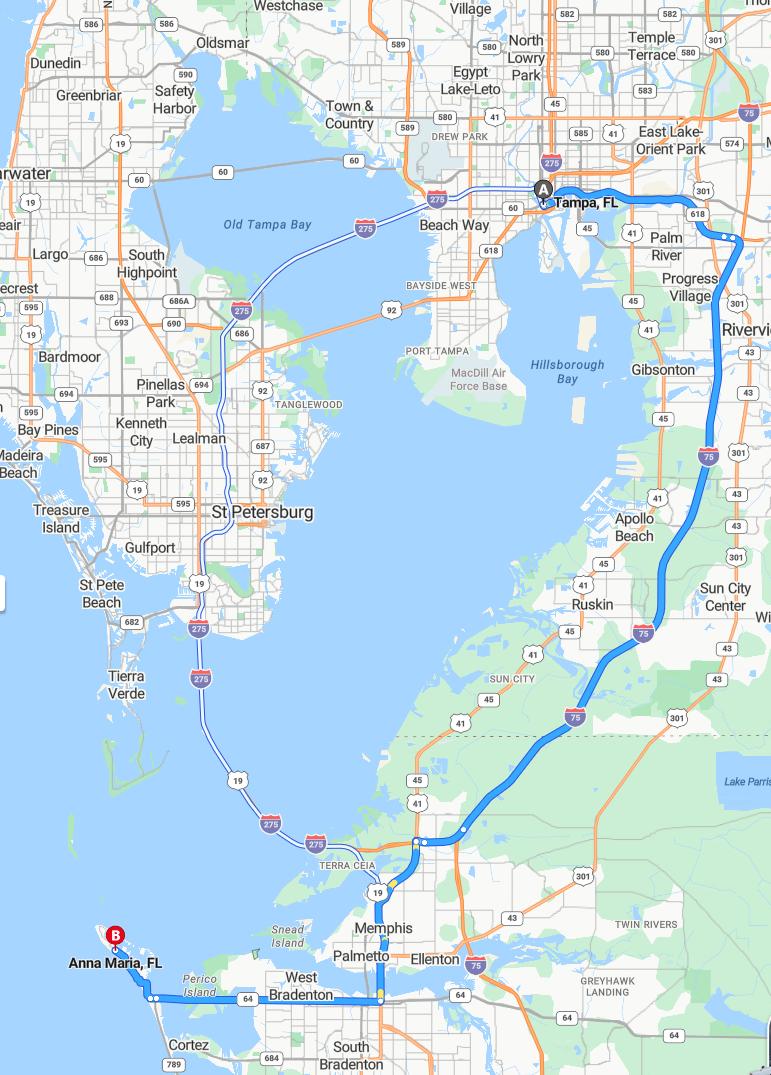 driving from Tampa, Florida to Anna MariaFlorida - map and route