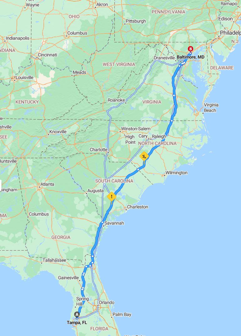 driving from Tampa, Florida to BaltimoreMaryland - map and route
