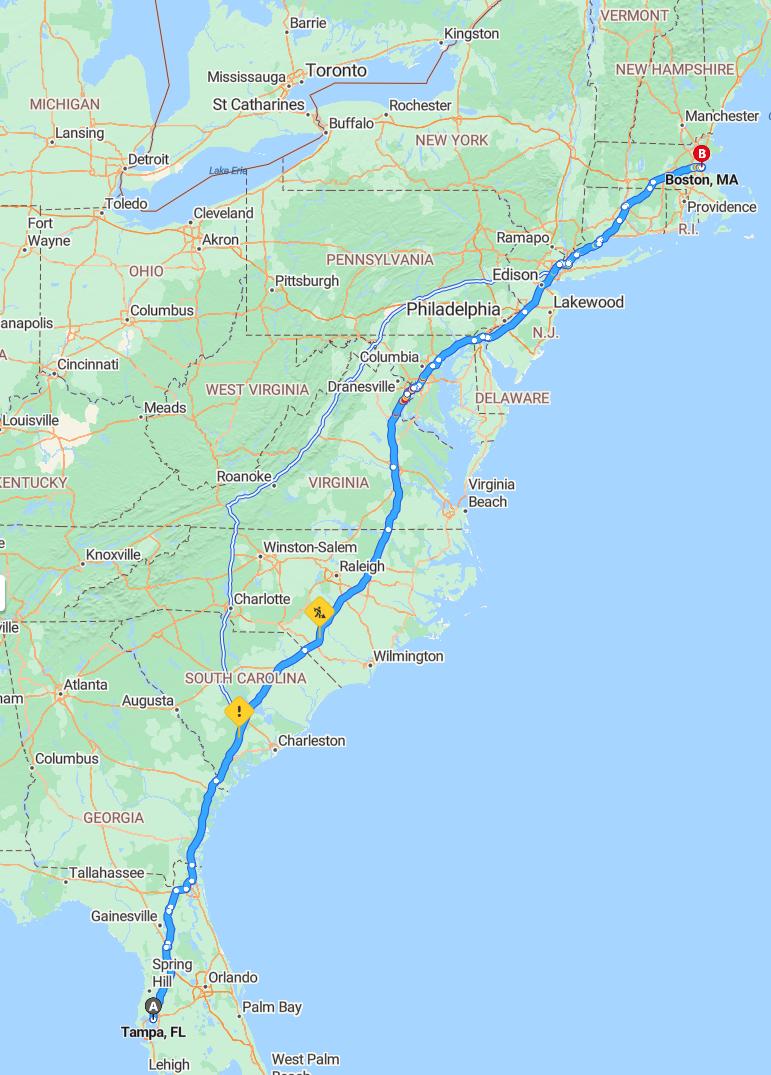 driving from Tampa, Florida to BostonMassachusetts - map and route