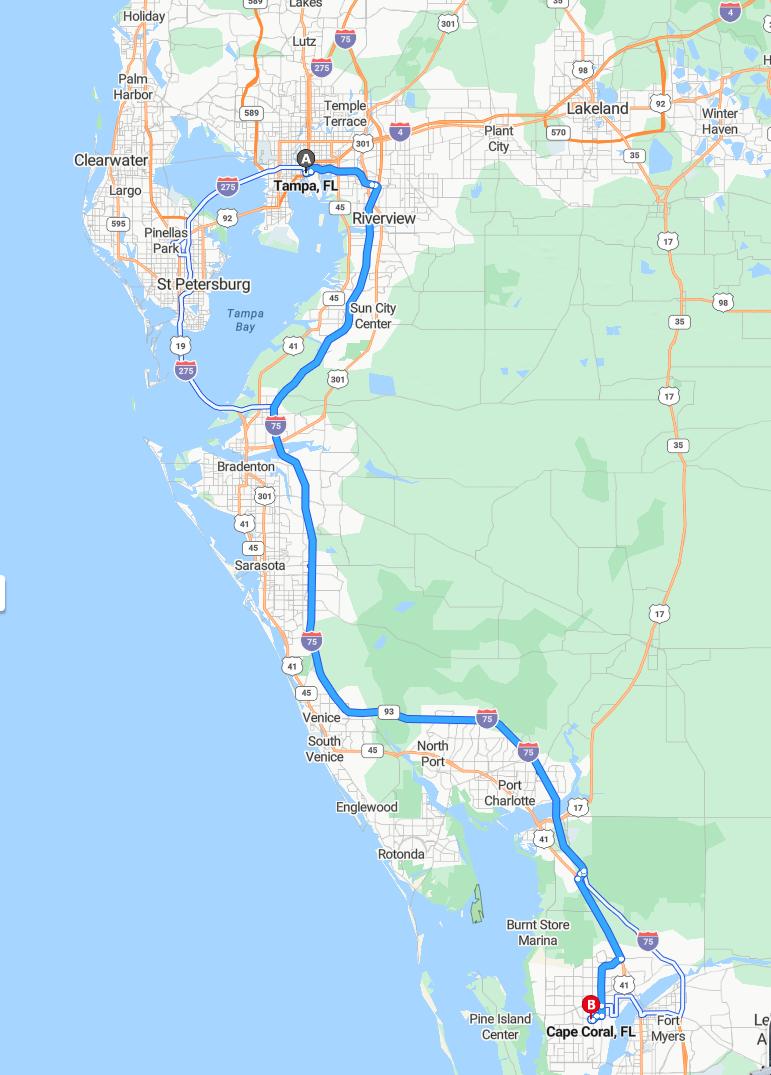 driving from Tampa, Florida to Cape CoralFlorida - map and route