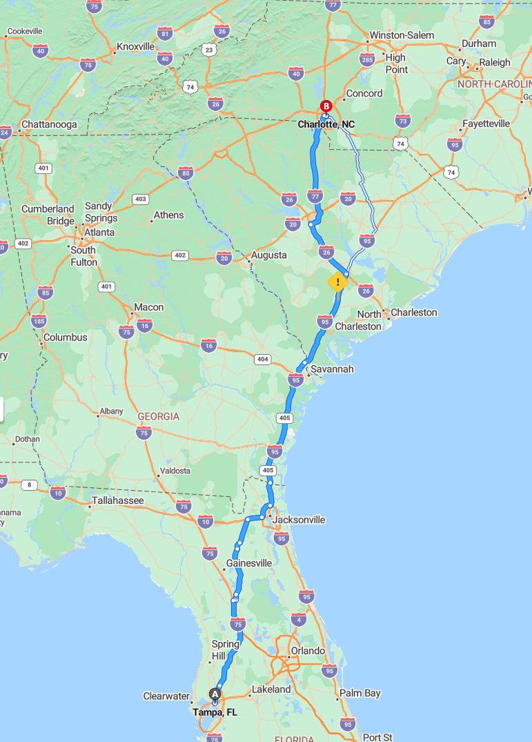 driving from Tampa, Florida to CharlotteNorth Carolina - map and route