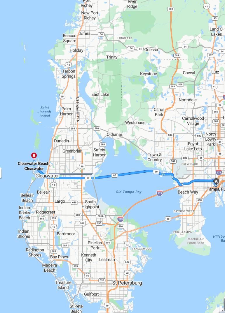 driving from Tampa, Florida to Clearwater BeachFlorida - map and route