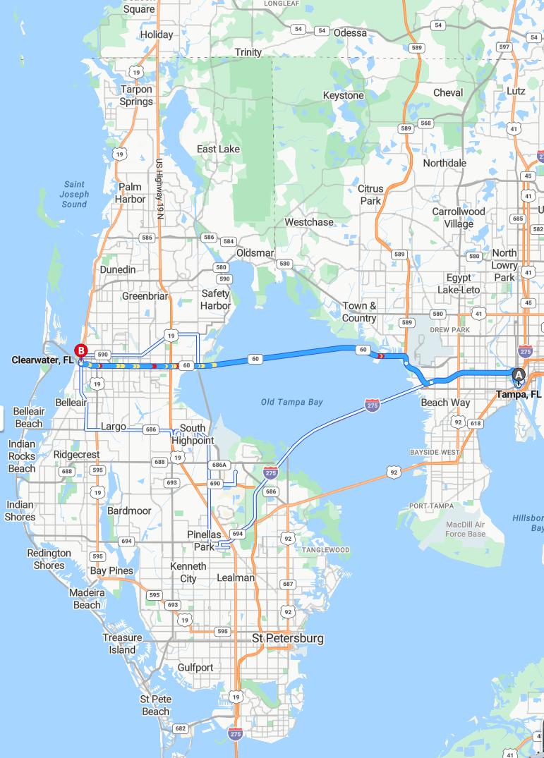 driving from Tampa, Florida to ClearwaterFlorida - map and route