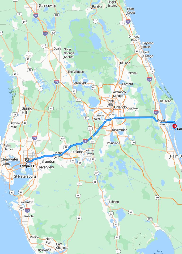 driving from Tampa, Florida to Cocoa BeachFlorida - map and route