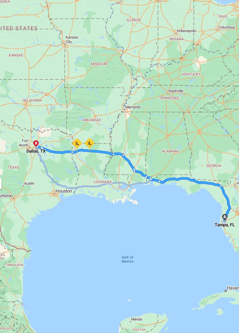 driving from Tampa, Florida to DallasTexas - map and route