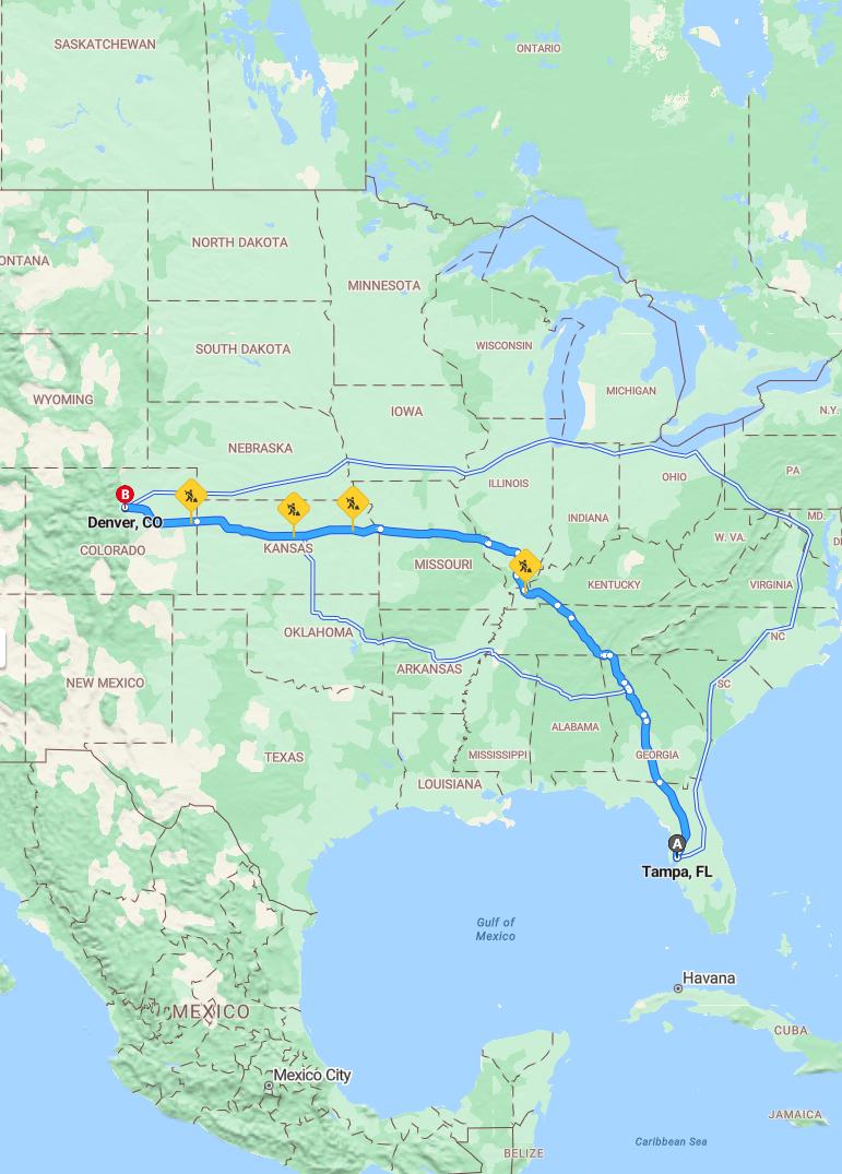 driving from Tampa, Florida to DenverColorado - map and route