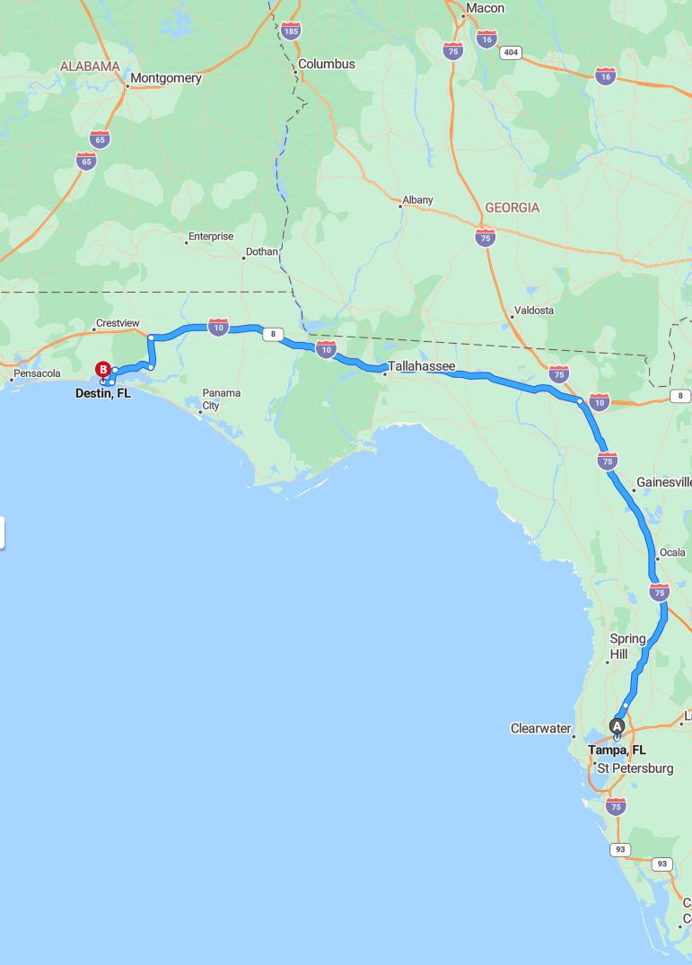driving from Tampa, Florida to DestinFlorida - map and route
