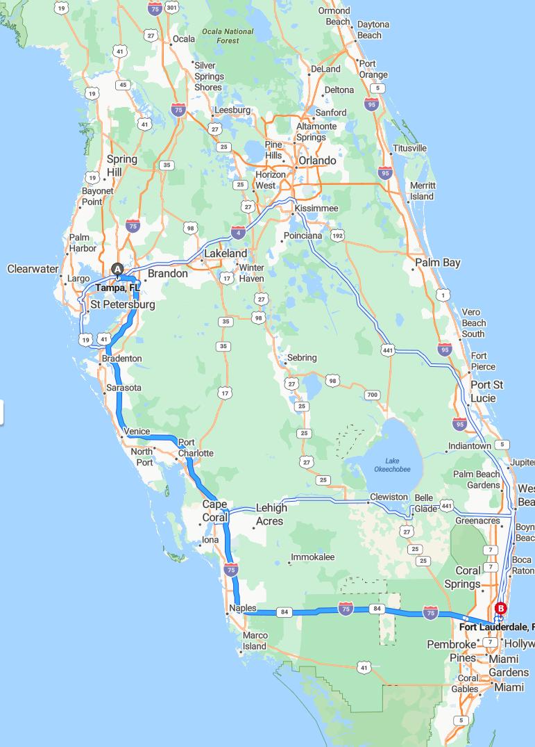 driving from Tampa, Florida to Fort LauderdaleFlorida - map and route