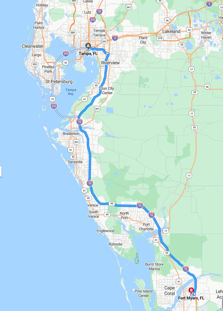 driving from Tampa, Florida to Fort MyersFlorida - map and route