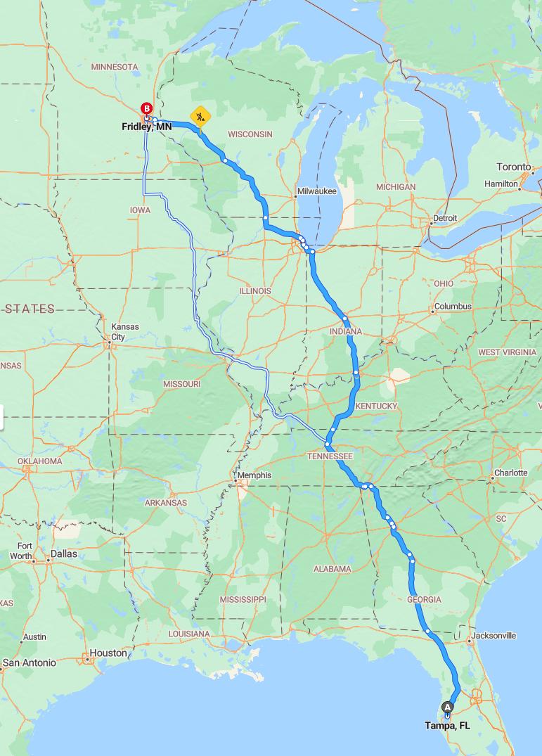 driving from Tampa, Florida to FridleyMinnesota - map and route
