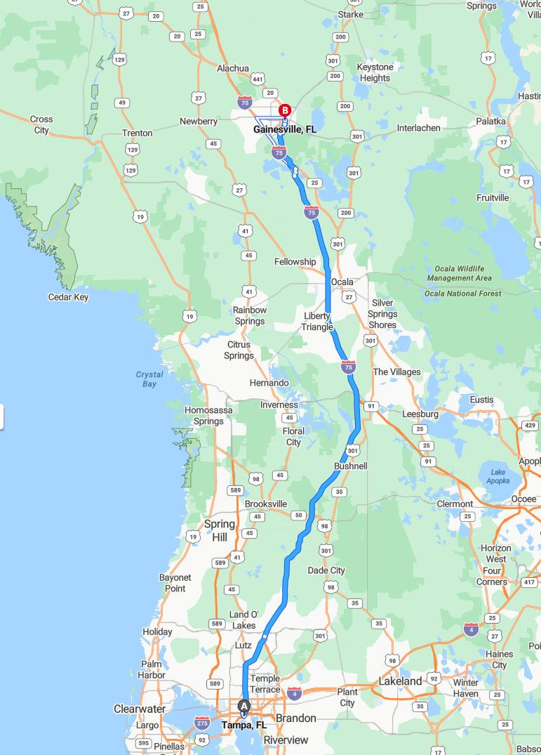 driving from Tampa, Florida to GainesvilleFlorida - map and route