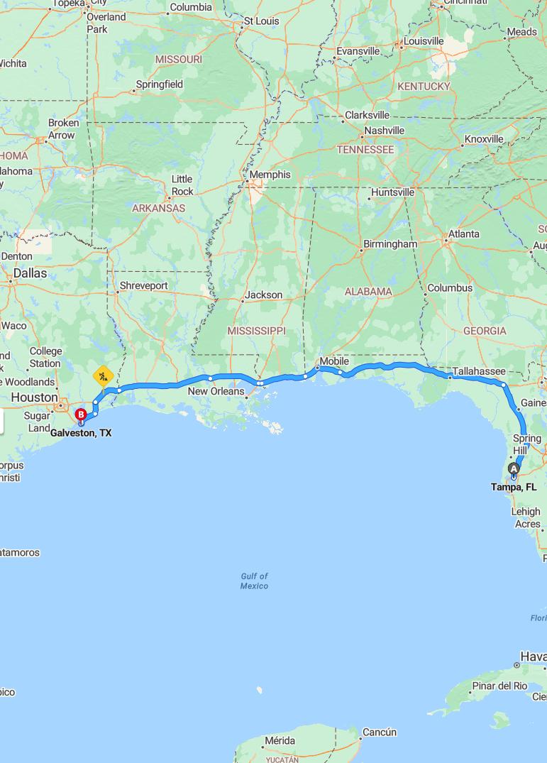 driving from Tampa, Florida to GalvestonTexas - map and route