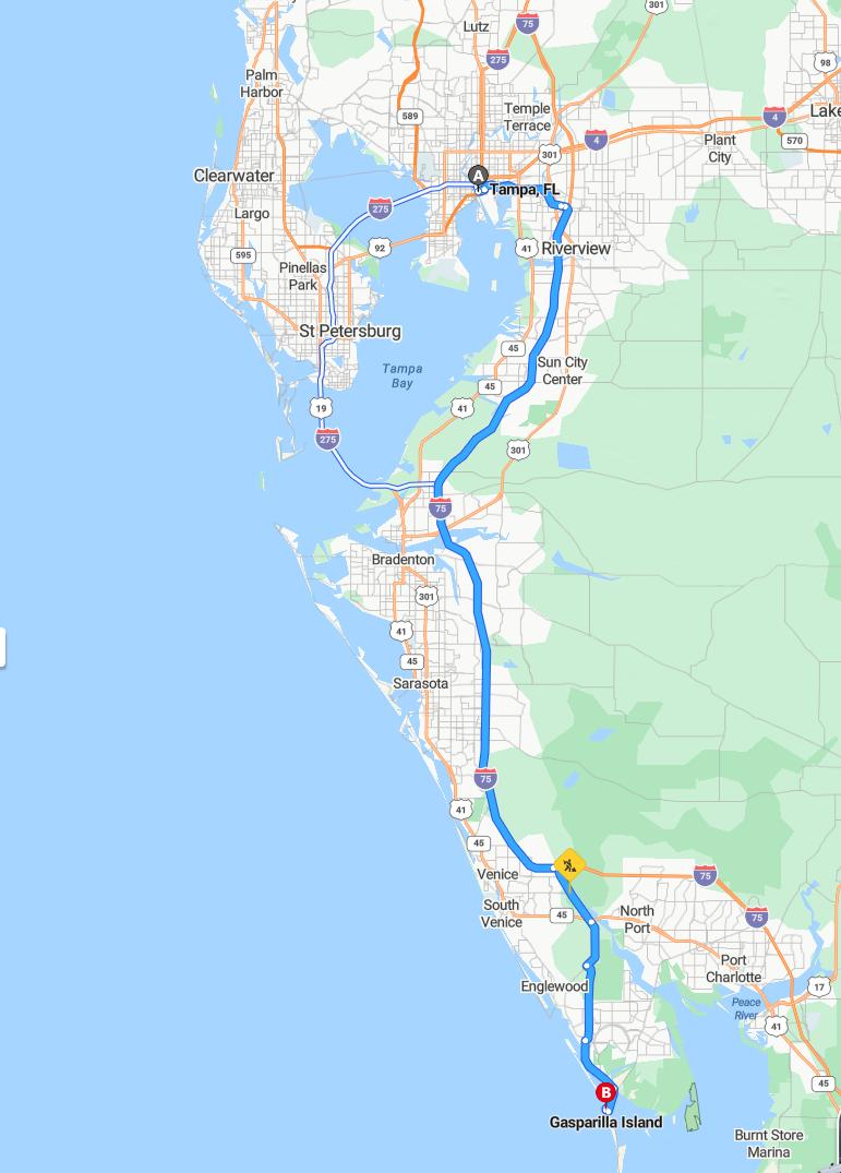 driving from Tampa, Florida to Gasparilla IslandFlorida - map and route
