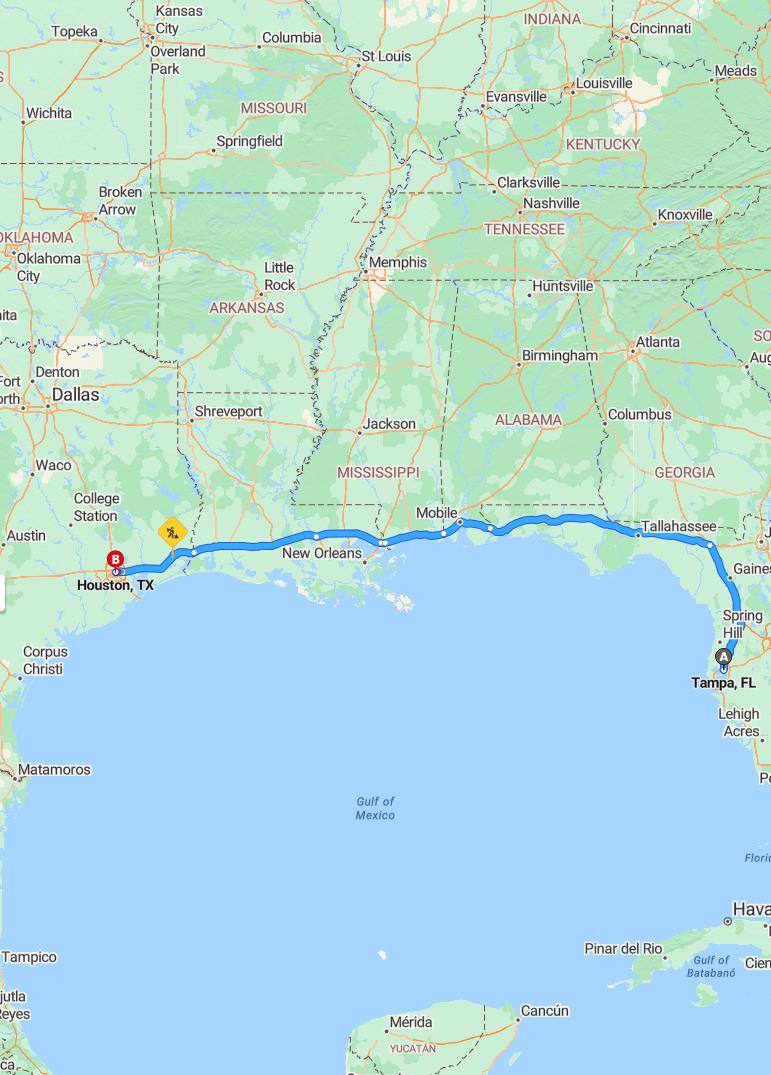 driving from Tampa, Florida to HoustonTexas - map and route