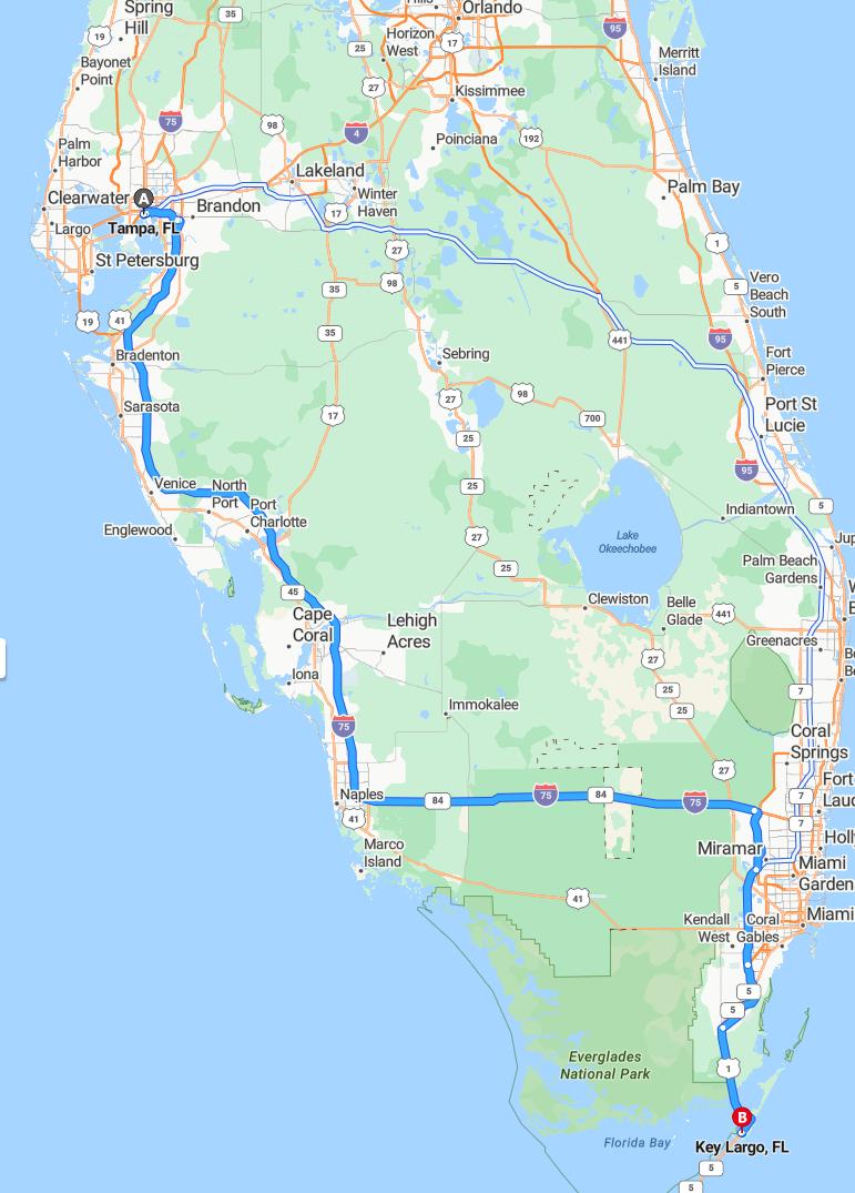 driving from Tampa, Florida to Key LargoFlorida - map and route