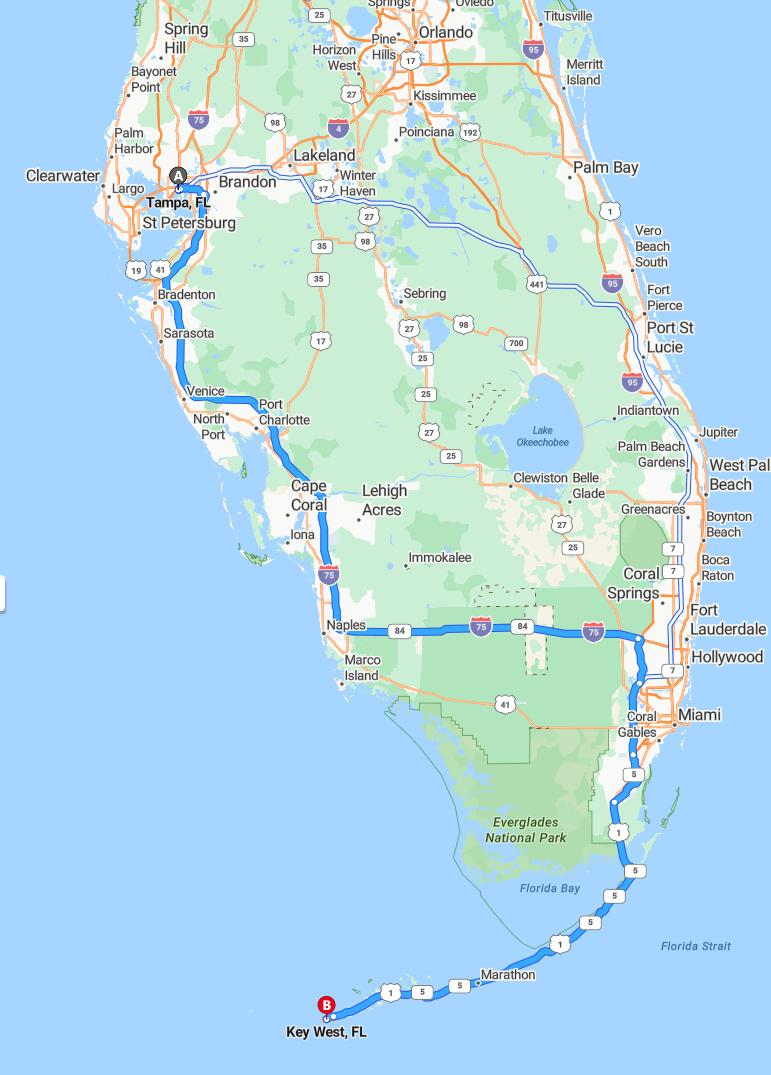 driving from Tampa, Florida to Key WestFlorida - map and route
