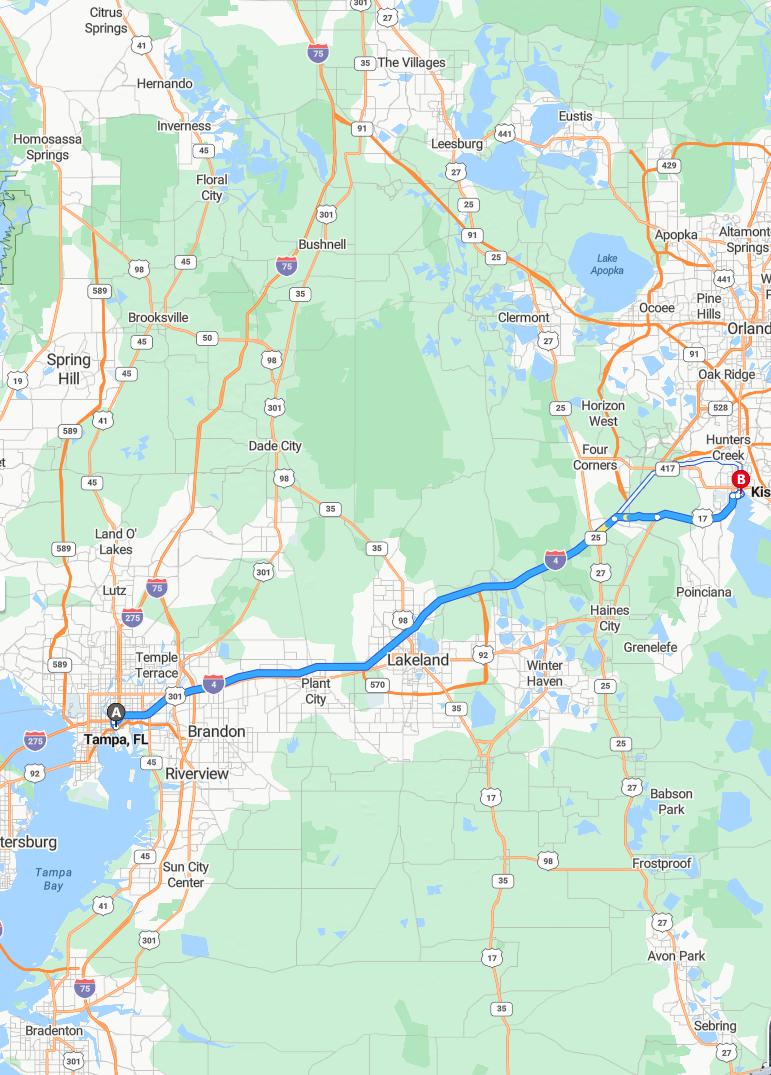 driving from Tampa, Florida to KissimmeeFlorida - map and route