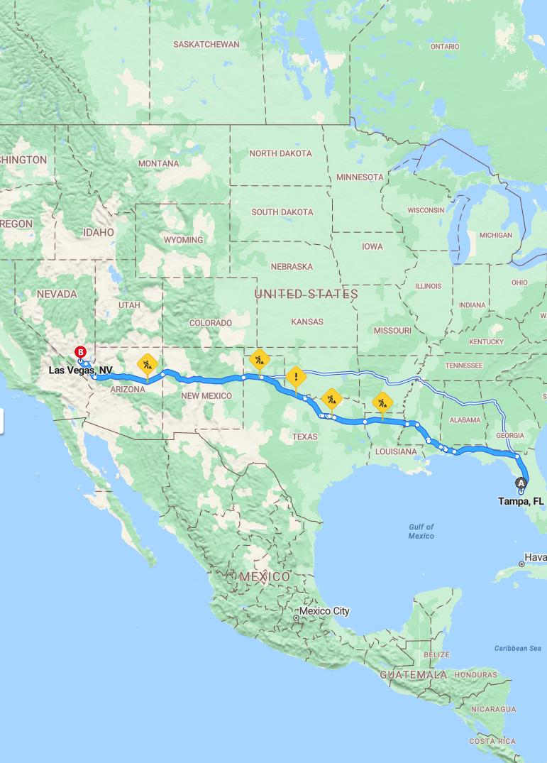 driving from Tampa, Florida to Las VegasNevada - map and route