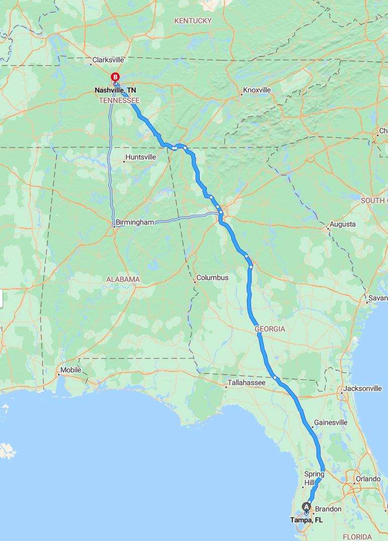 driving from Tampa, Florida to NashvilleTennessee - map and route