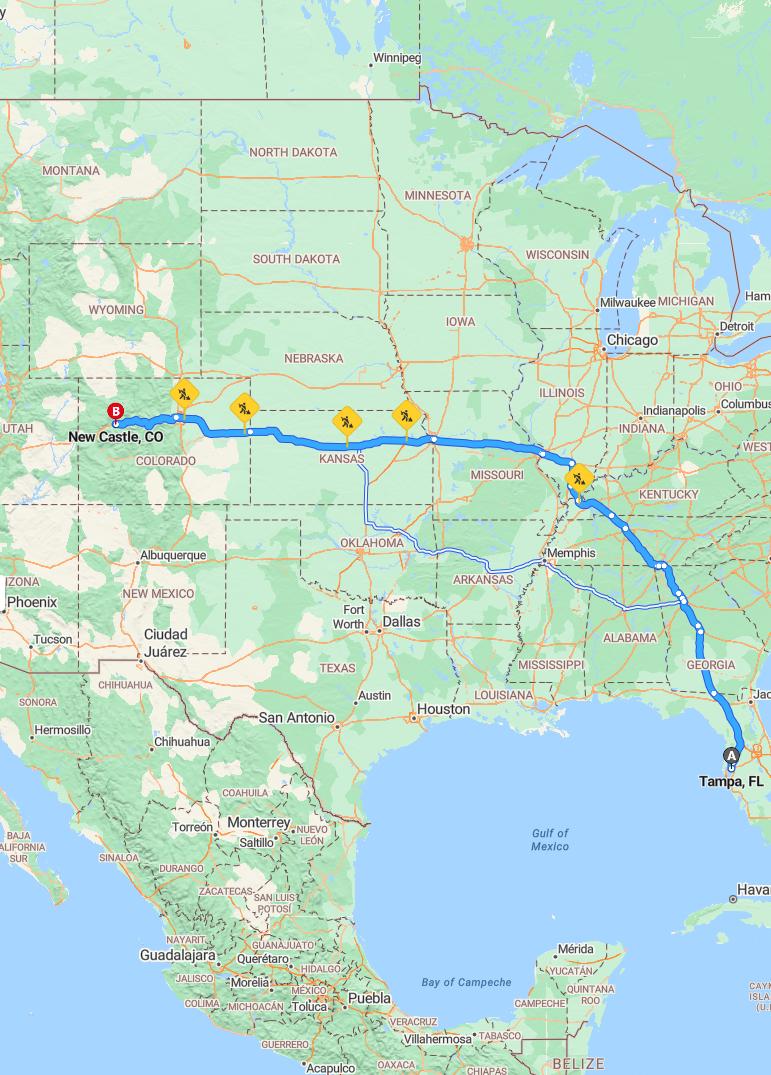 driving from Tampa, Florida to New CastleColorado - map and route