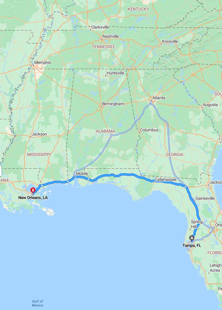 driving from Tampa, Florida to New OrleansLouisiana - map and route