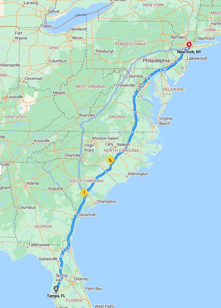 driving from Tampa, Florida to New YorkNew York - map and route