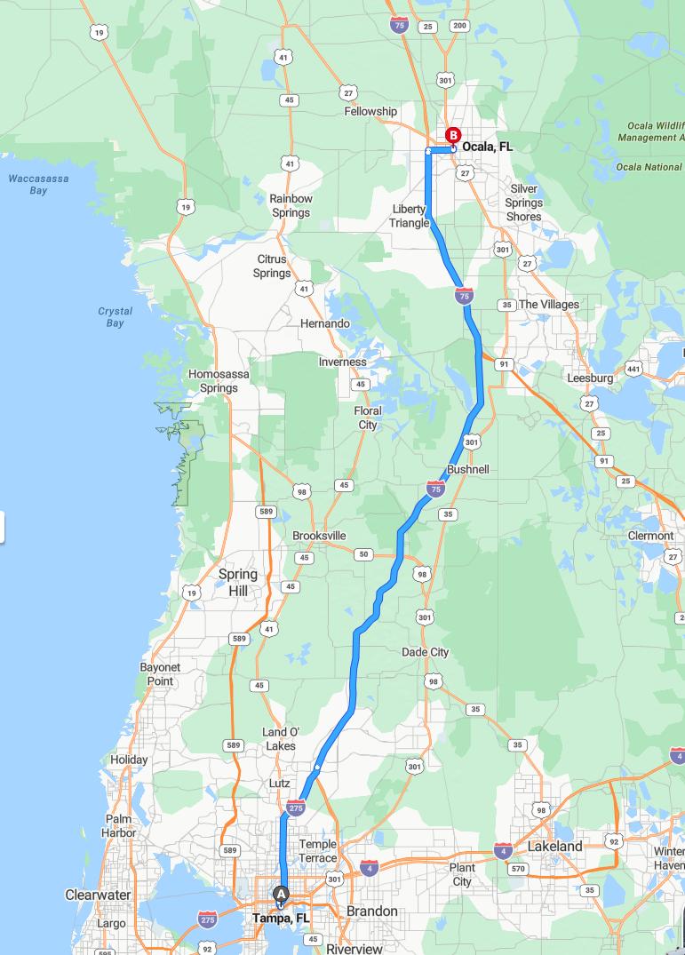 driving from Tampa, Florida to OcalaFlorida - map and route