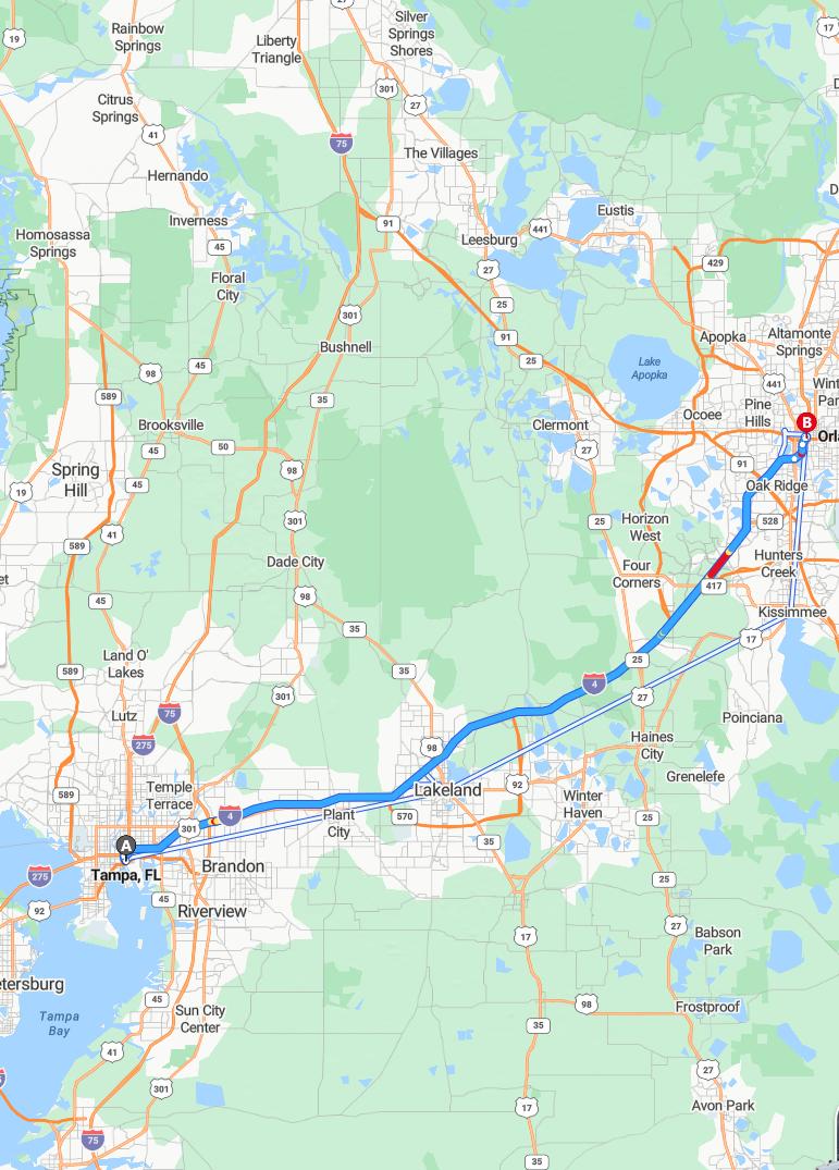 driving from Tampa, Florida to OrlandoFlorida - map and route