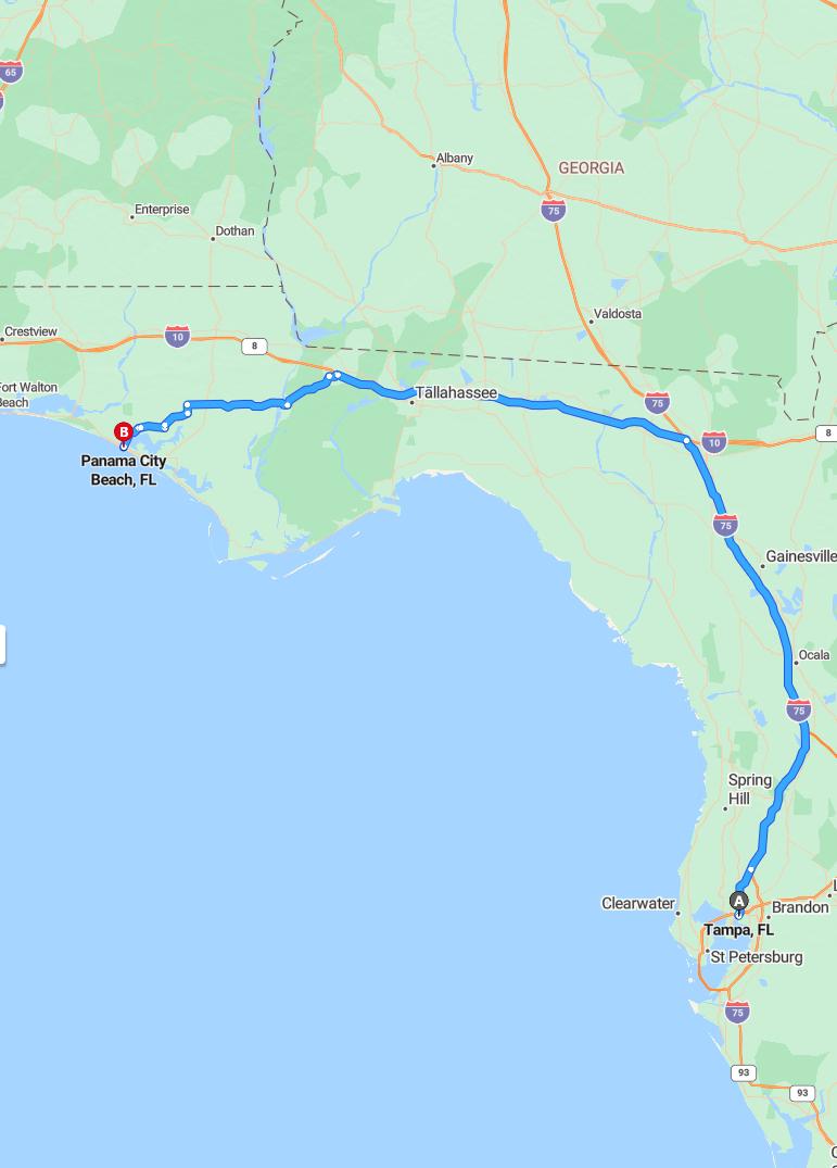 driving from Tampa, Florida to Panama City BeachFlorida - map and route