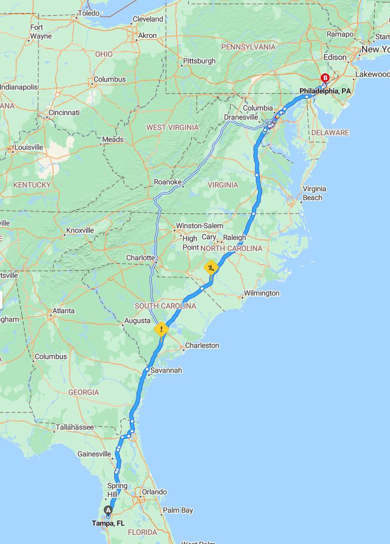 driving from Tampa, Florida to PhiladelphiaPennsylvania - map and route