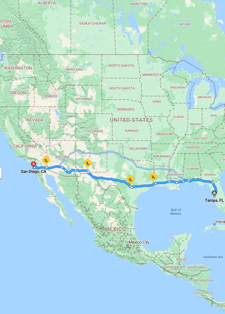 driving from Tampa, Florida to San DiegoCalifornia - map and route