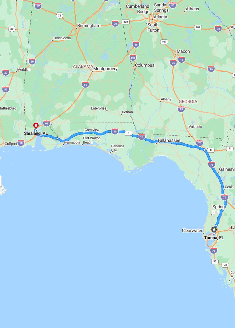 driving from Tampa, Florida to SaralandAlabama - map and route