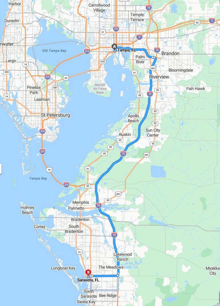 driving from Tampa, Florida to SarasotaFlorida - map and route