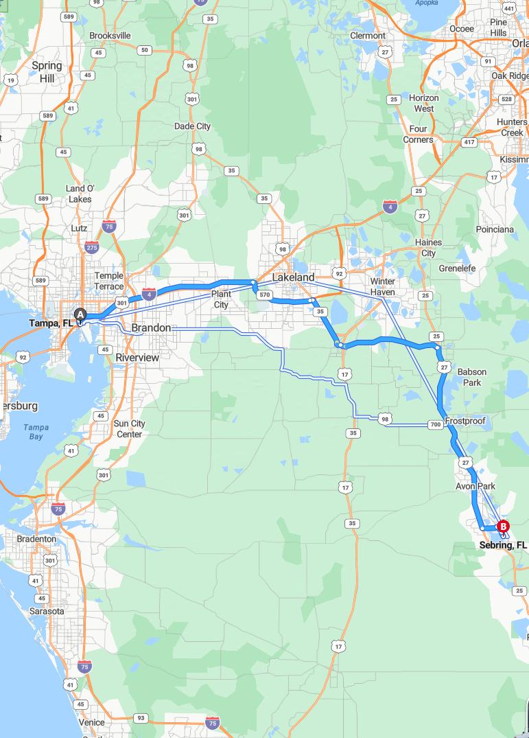 driving from Tampa, Florida to SebringFlorida - map and route