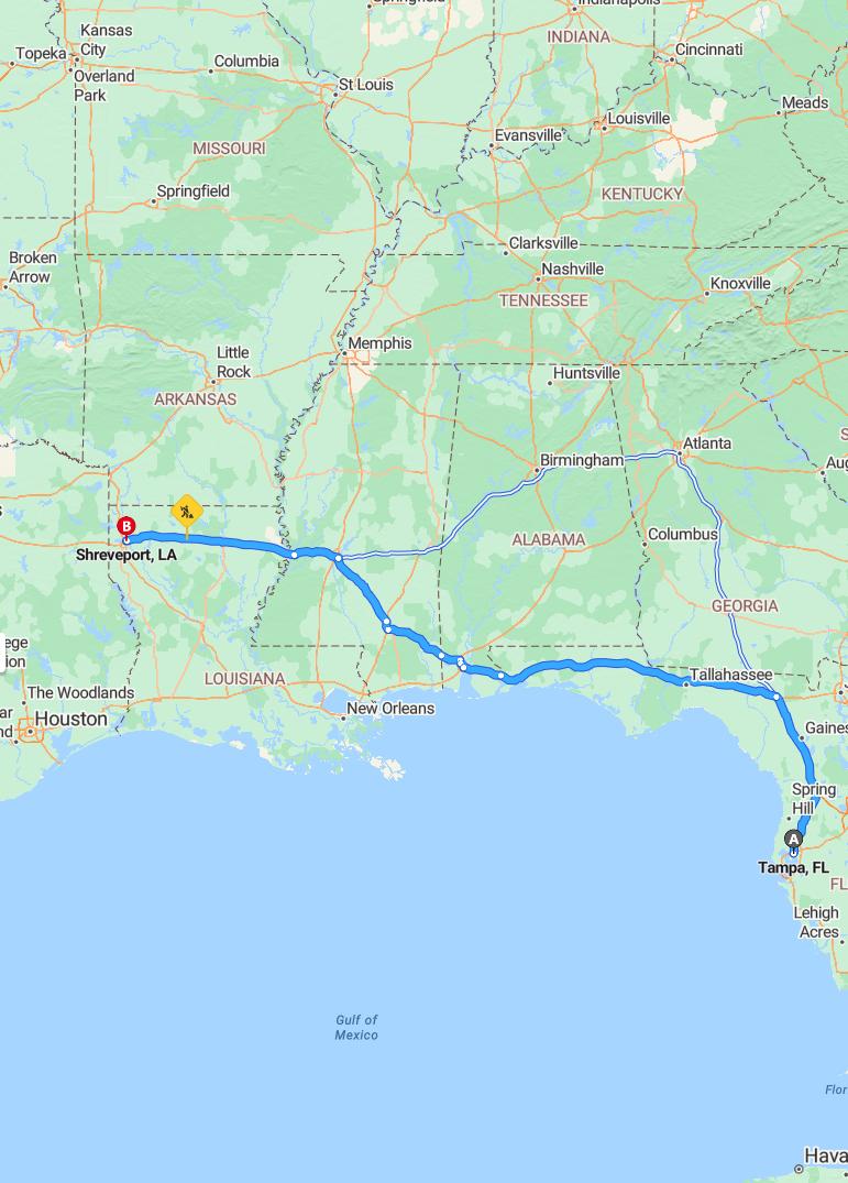 driving from Tampa, Florida to ShreveportLouisiana - map and route