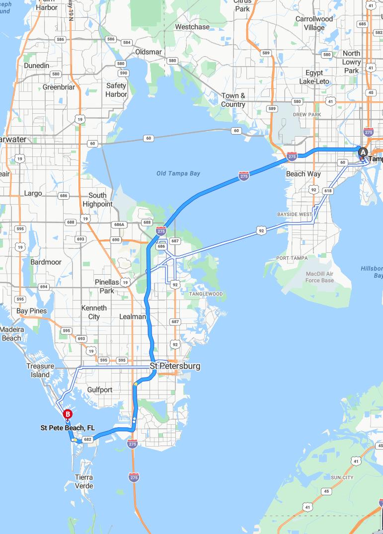 driving from Tampa, Florida to St. Pete BeachFlorida - map and route