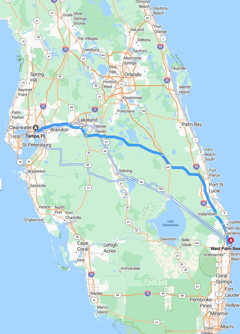 driving from Tampa, Florida to West Palm BeachFlorida - map and route