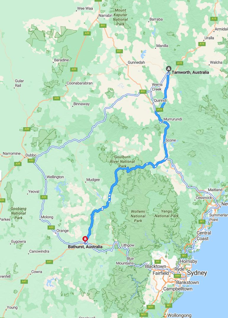 driving from Tamworth, New South Wales to BathurstNew South Wales - map and route