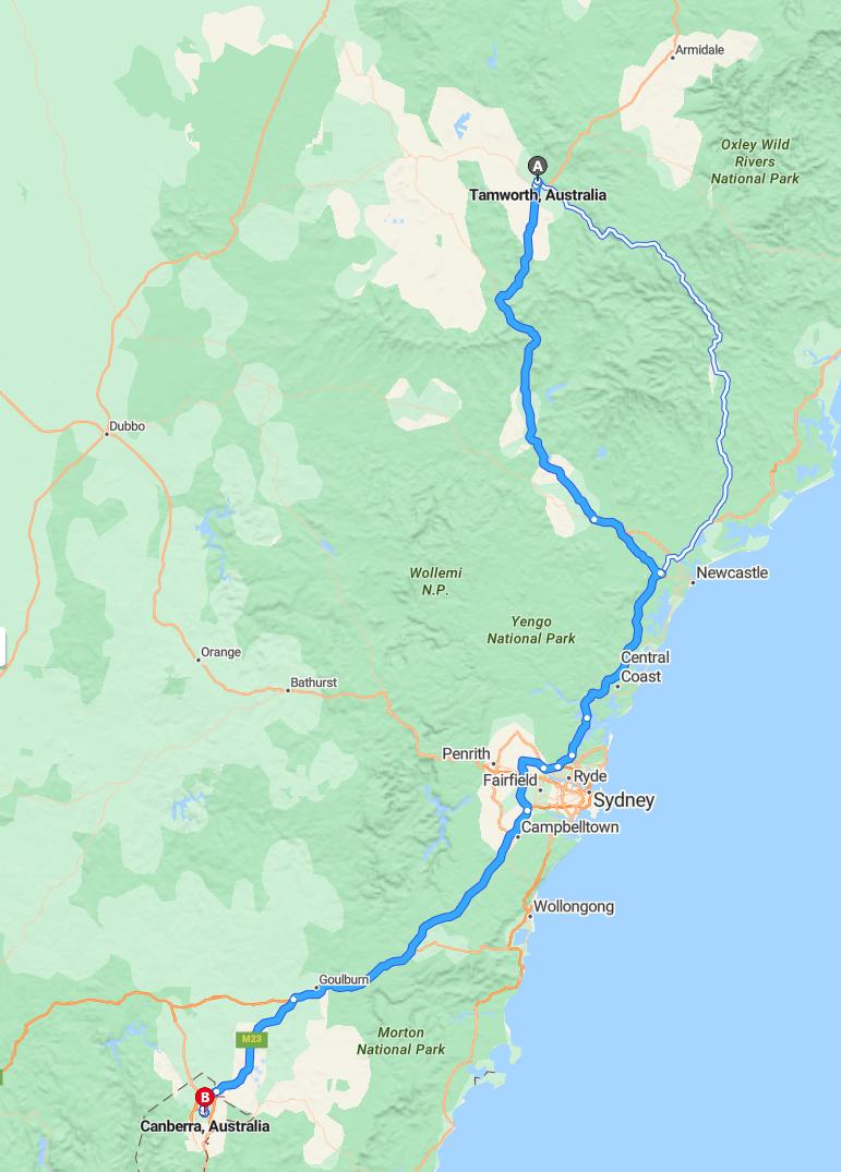 driving from Tamworth, New South Wales to CanberraAustralian Capital Territory - map and route