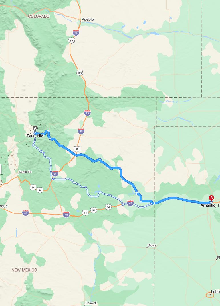 driving from Taos, New Mexico to AmarilloTexas - map and route