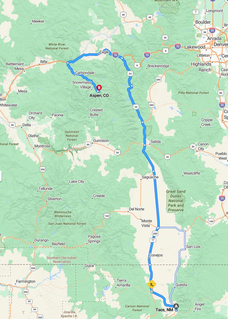 driving from Taos, New Mexico to AspenColorado - map and route