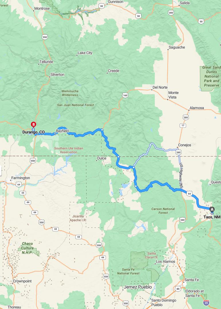 driving from Taos, New Mexico to DurangoColorado - map and route