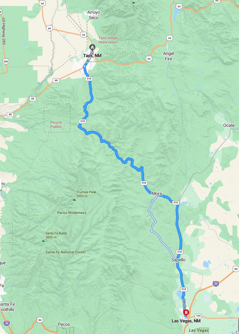 driving from Taos, New Mexico to Las VegasNew Mexico - map and route