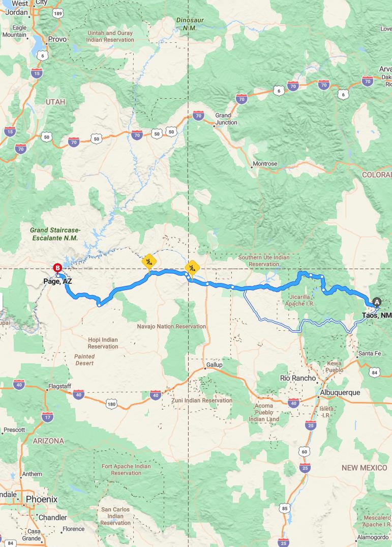 driving from Taos, New Mexico to PageArizona - map and route