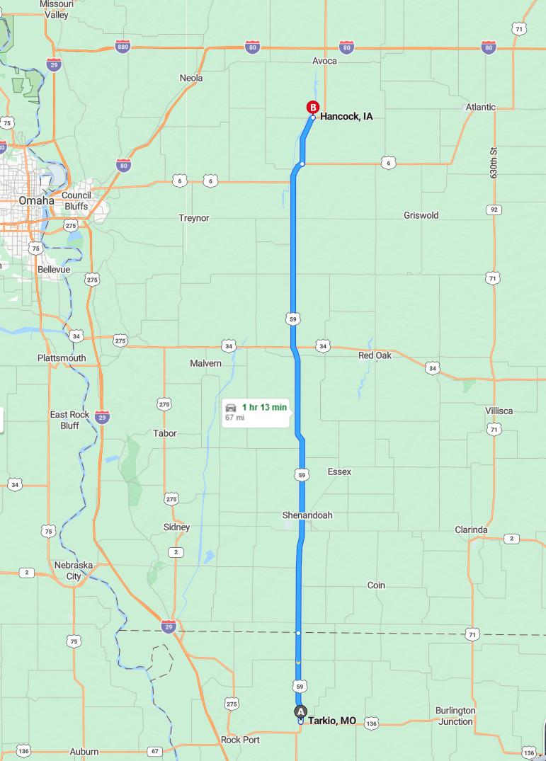 driving from Tarkio, Missouri to HancockIowa - map and route
